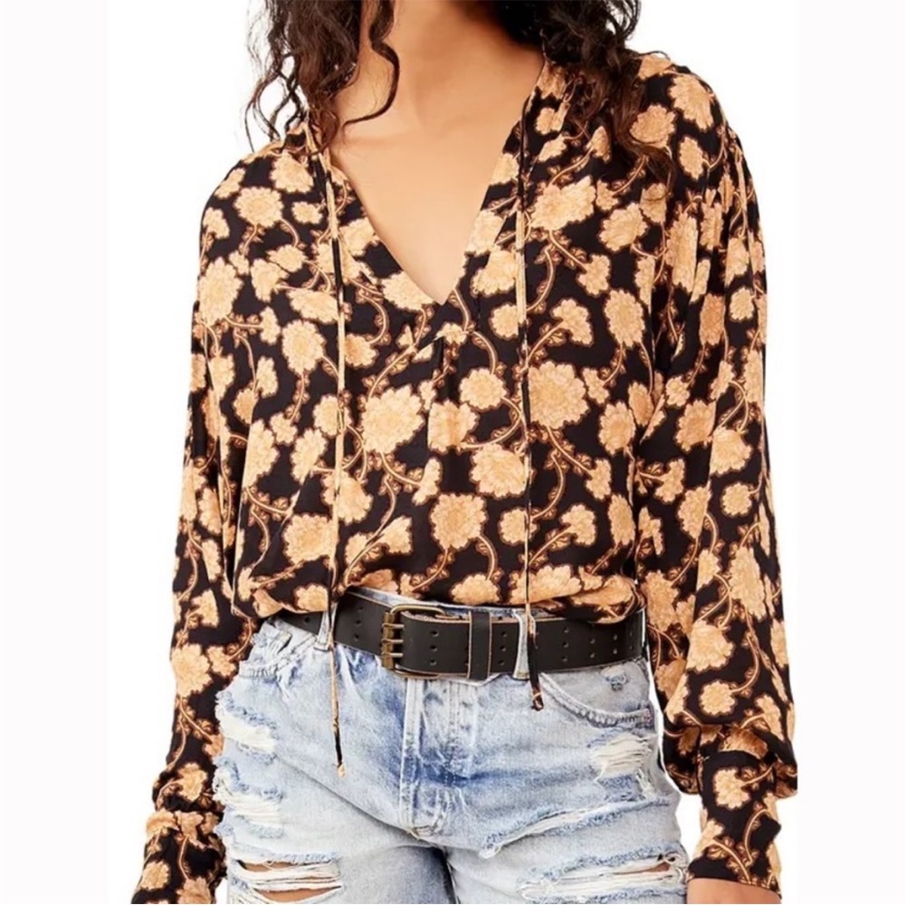 NWT Free People Mia Floral Print Tie Neck Tunic Top - Black XS